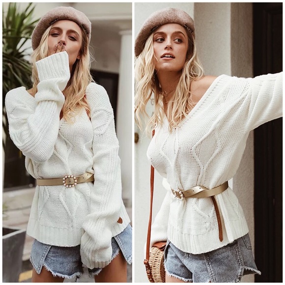 Sweaters - SOLD OUT CLEARANCE Ivory V-Neck Knit Long Sleeve Pullover Sweater
